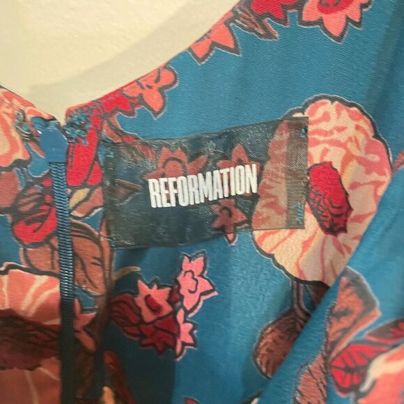 New Reformation Perla Floral Ruffle Mini Dress Teal Pink 0 $218 - Picture 4 of 6
